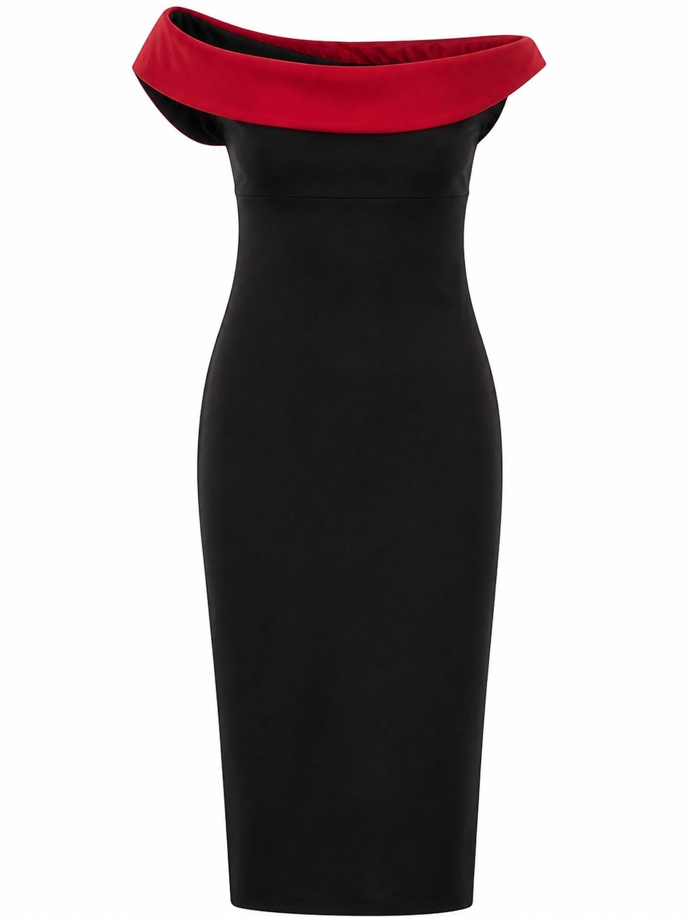 Strapless Black Sheath Dress with Red Foldover Neckline